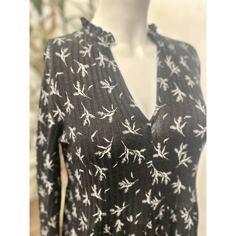 Zara Boho Babydoll Tunic Mini Dress Women Sz M Black White Texture Flowy‎ V Neck - Picture 3 of 10
